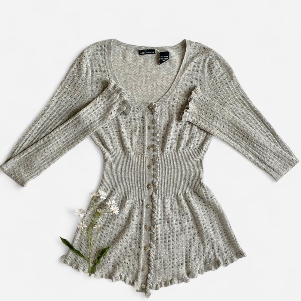 SOLDModa International Y2K gray cotton pointelle fitted knit topSOLD